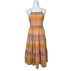 Universal Thread Yellow and Pink Tiered Midi Sundress w/ Spaghetti Straps SZ L